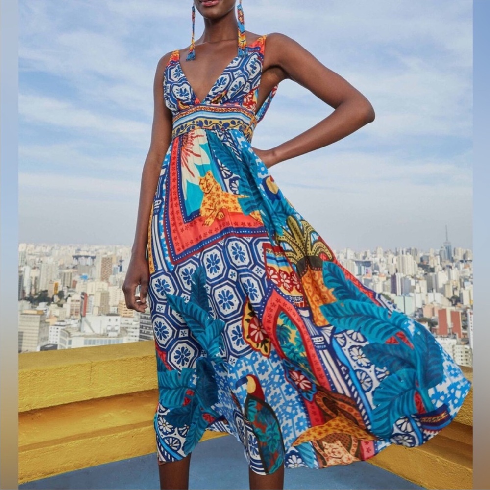 Farm Rio Forest Tiles Midi Dress Size M Medium - Picture 1 of 3